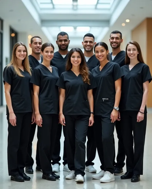 Black custom scrubs worn in a private clinic setting