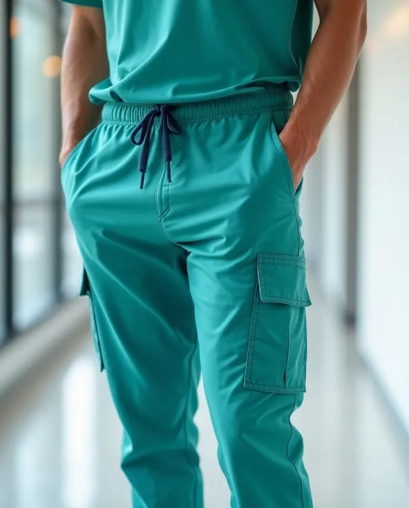 Veterinary team in custom scrubs handling an animal patient