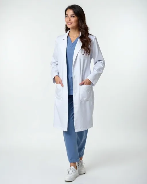 Mid-length lab coat with pockets sized for clinical kit