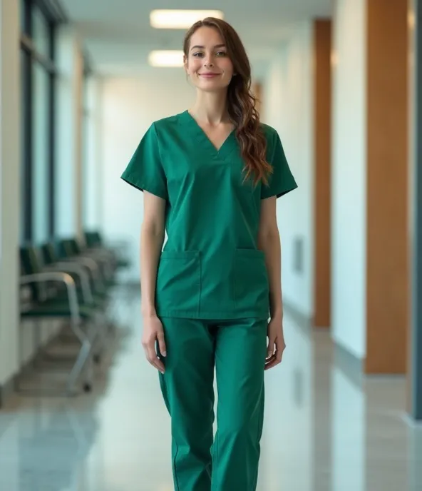 Hunter green scrub set in a surgical shade