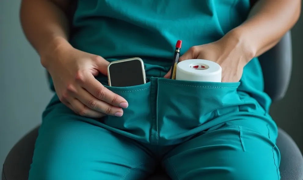 Reinforced pocket construction on an EMS scrub garment