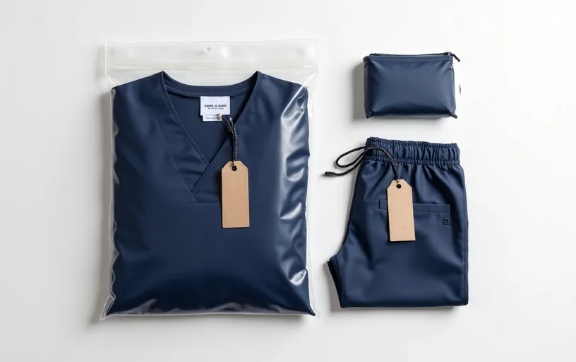 Private label scrubs with woven brand labels and packaging