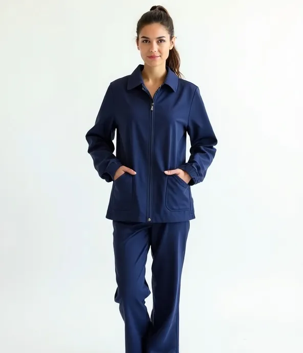 Zip-front scrub warm-up jacket layered over a scrub top