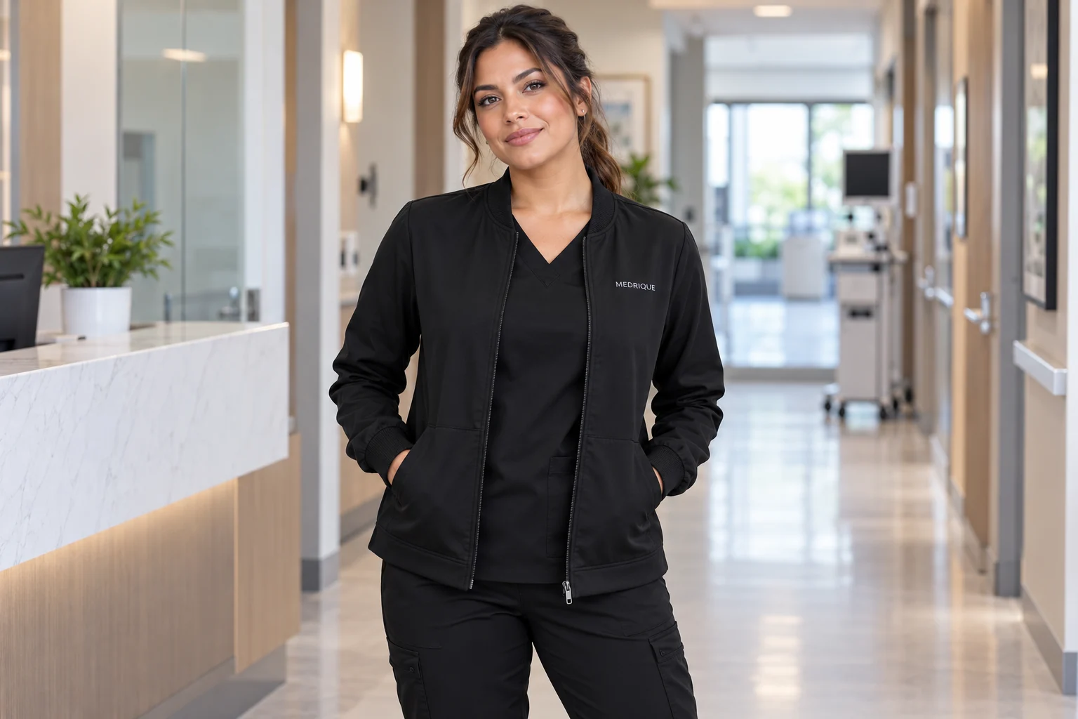 Black zip-front scrub warm-up jacket