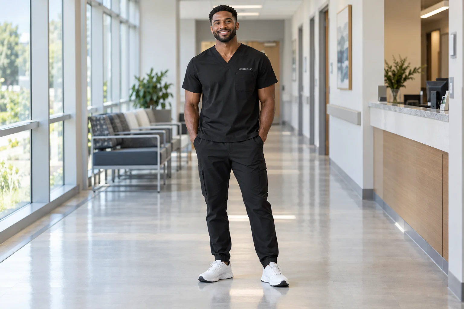 Man wearing a black Medrique V-neck scrub top