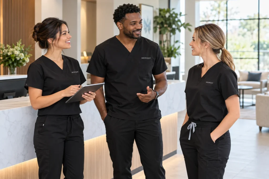 Clinical team wearing black Medrique scrub sets