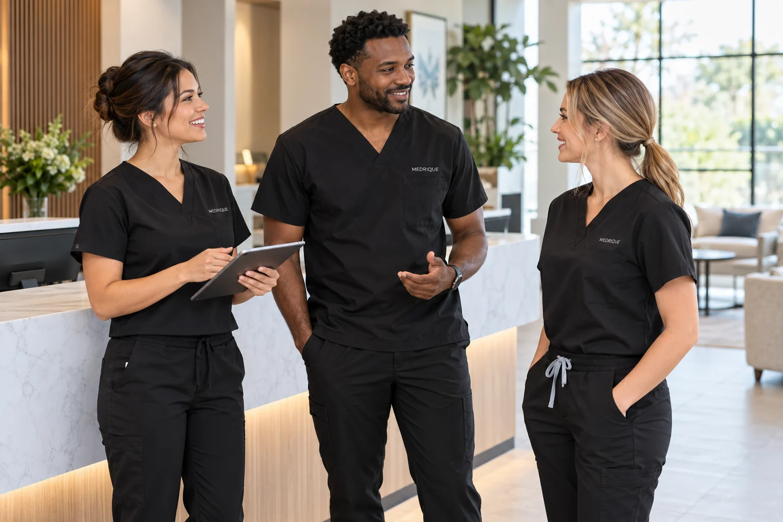 Clinical team wearing black Medrique scrub sets