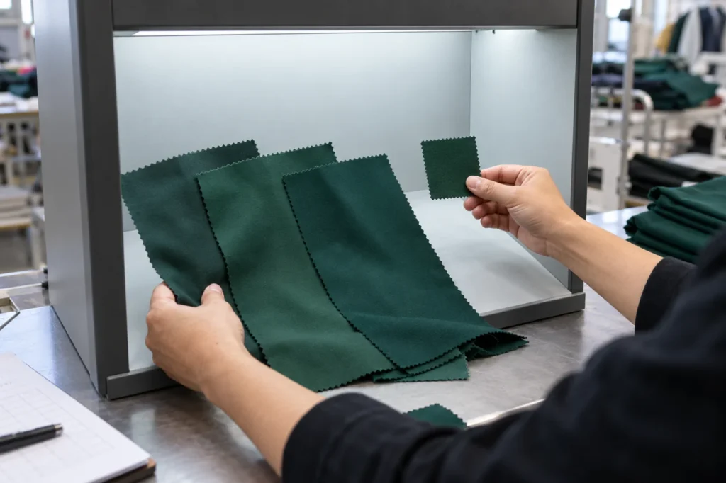 Hunter green fabric swatches being compared to a physical colour reference