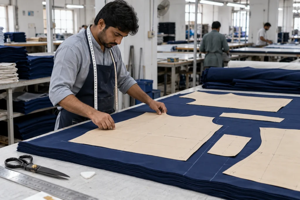 Illustrative production scene of scrub fabric being cut