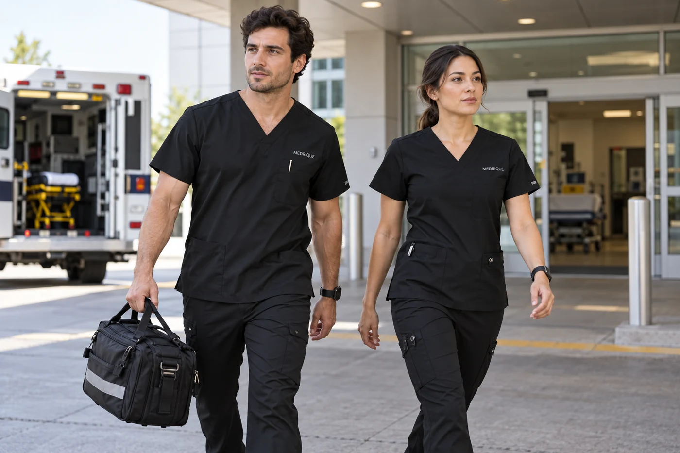 Emergency medical professionals wearing black uniform scrubs