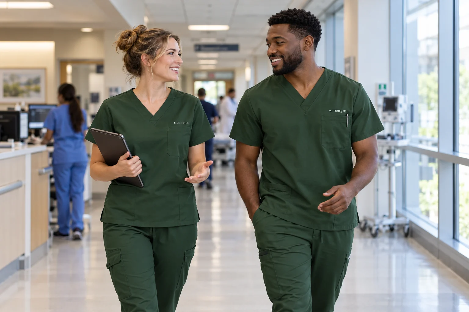 Healthcare team wearing hunter green Medrique scrubs