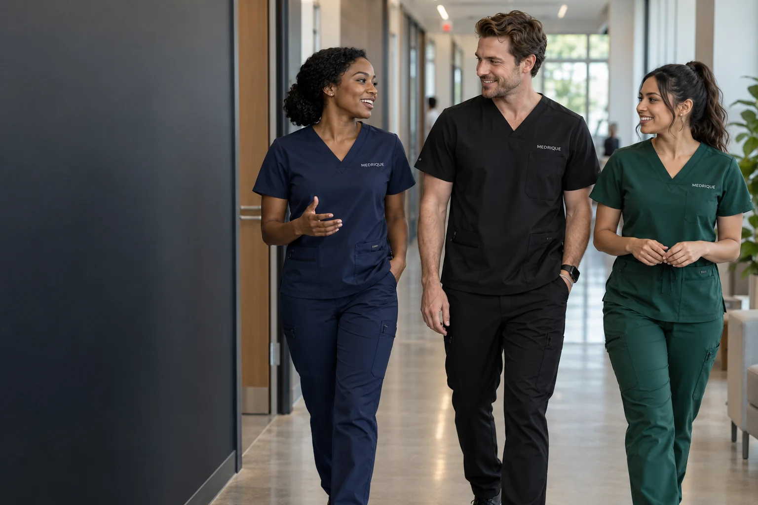 Healthcare professionals wearing Medrique black and hunter green scrubs in a modern clinical setting