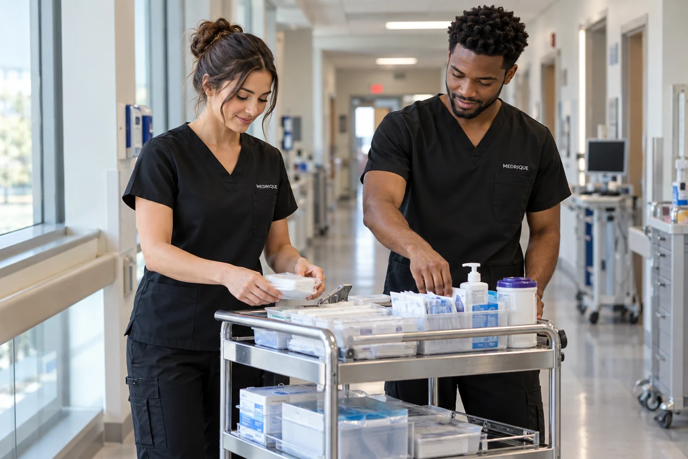 Hospital professionals wearing black scrub uniforms