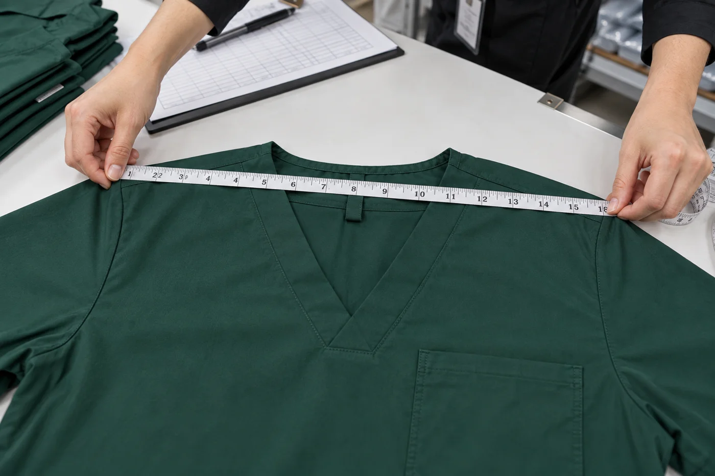 Technician measuring the shoulder seam of a hunter green scrub top