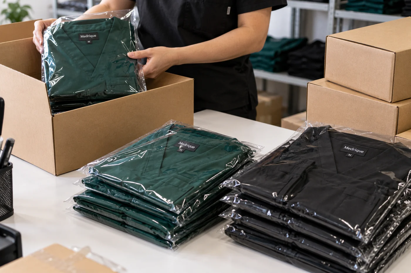 Folded black and hunter green scrubs being packed for shipment