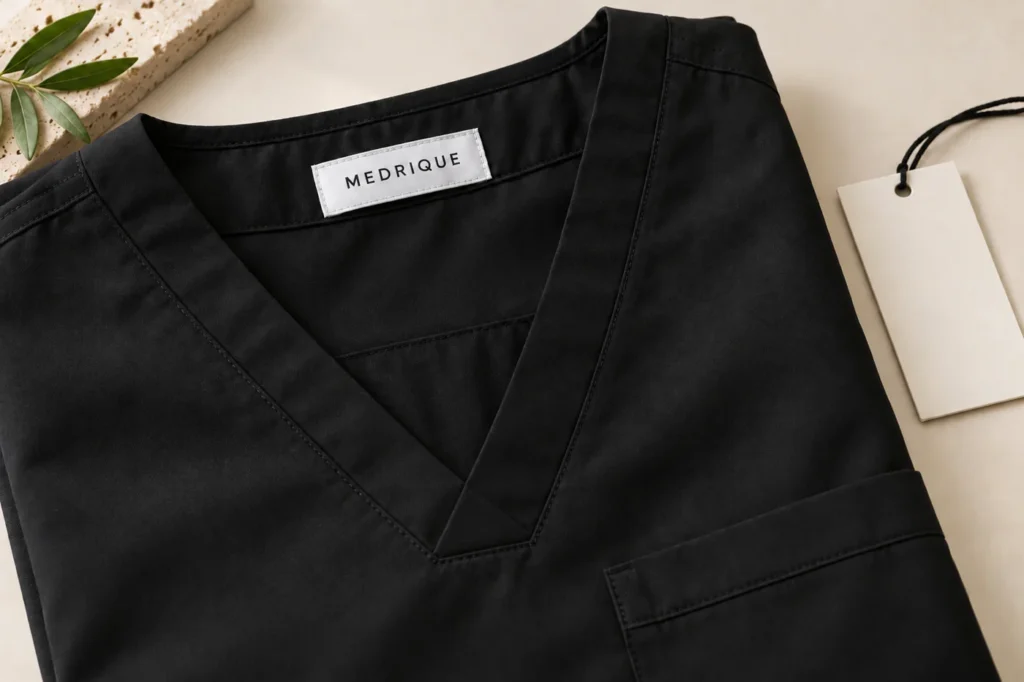 Medrique woven brand label inside a black scrub top