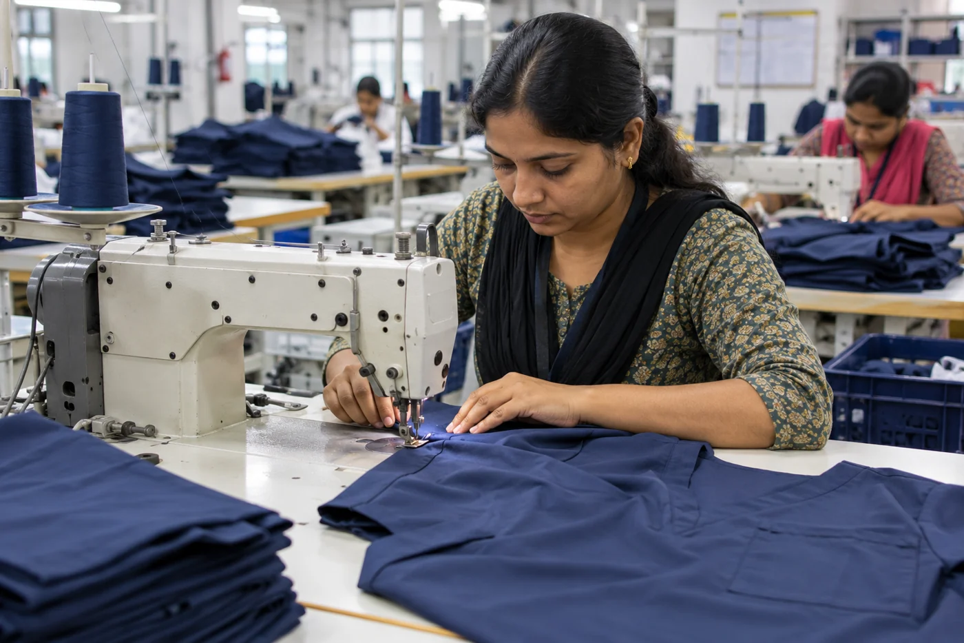 Illustrative production scene of a worker sewing scrub garments
