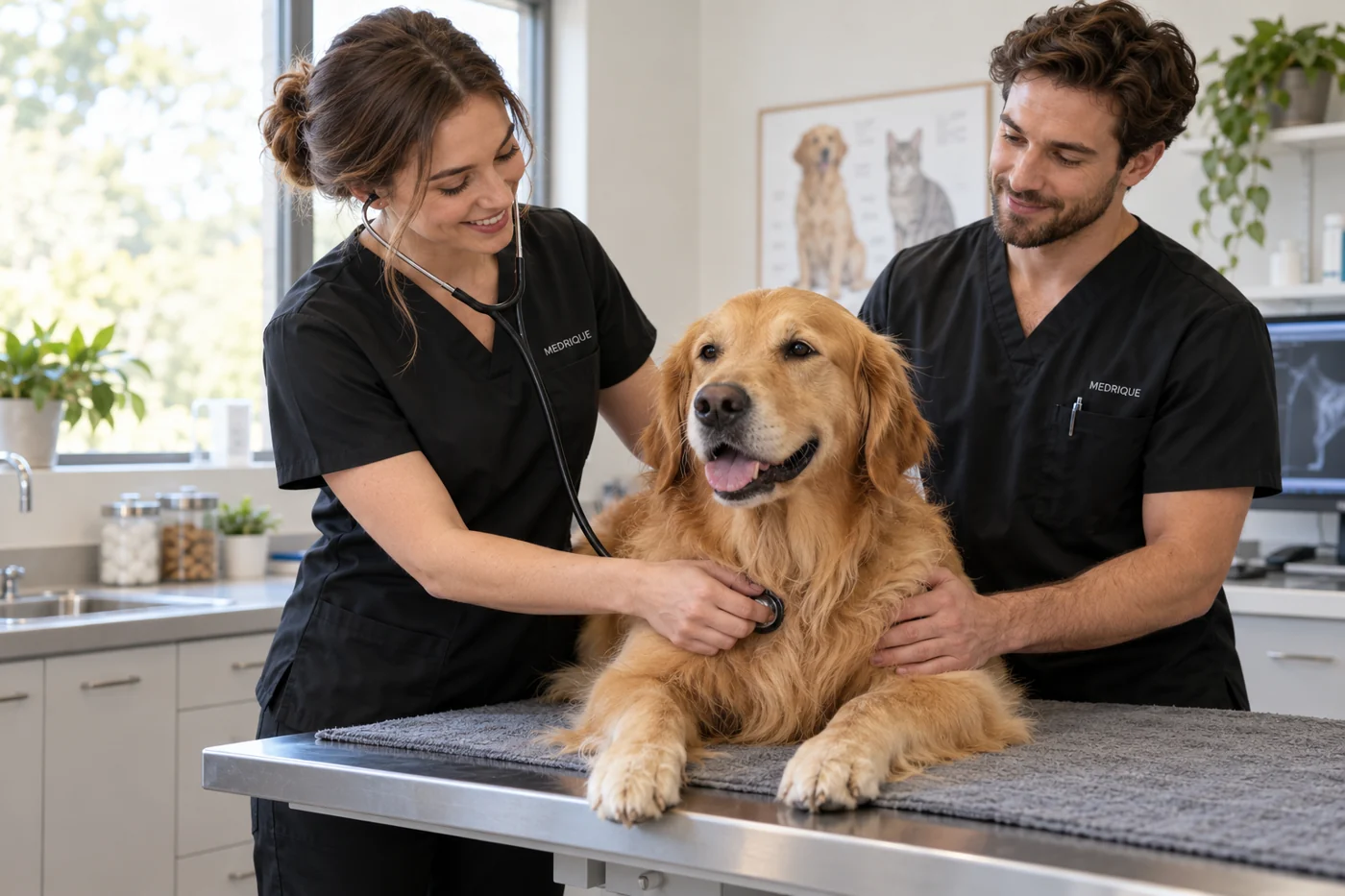 Veterinary professionals wearing black scrubs with an animal patient