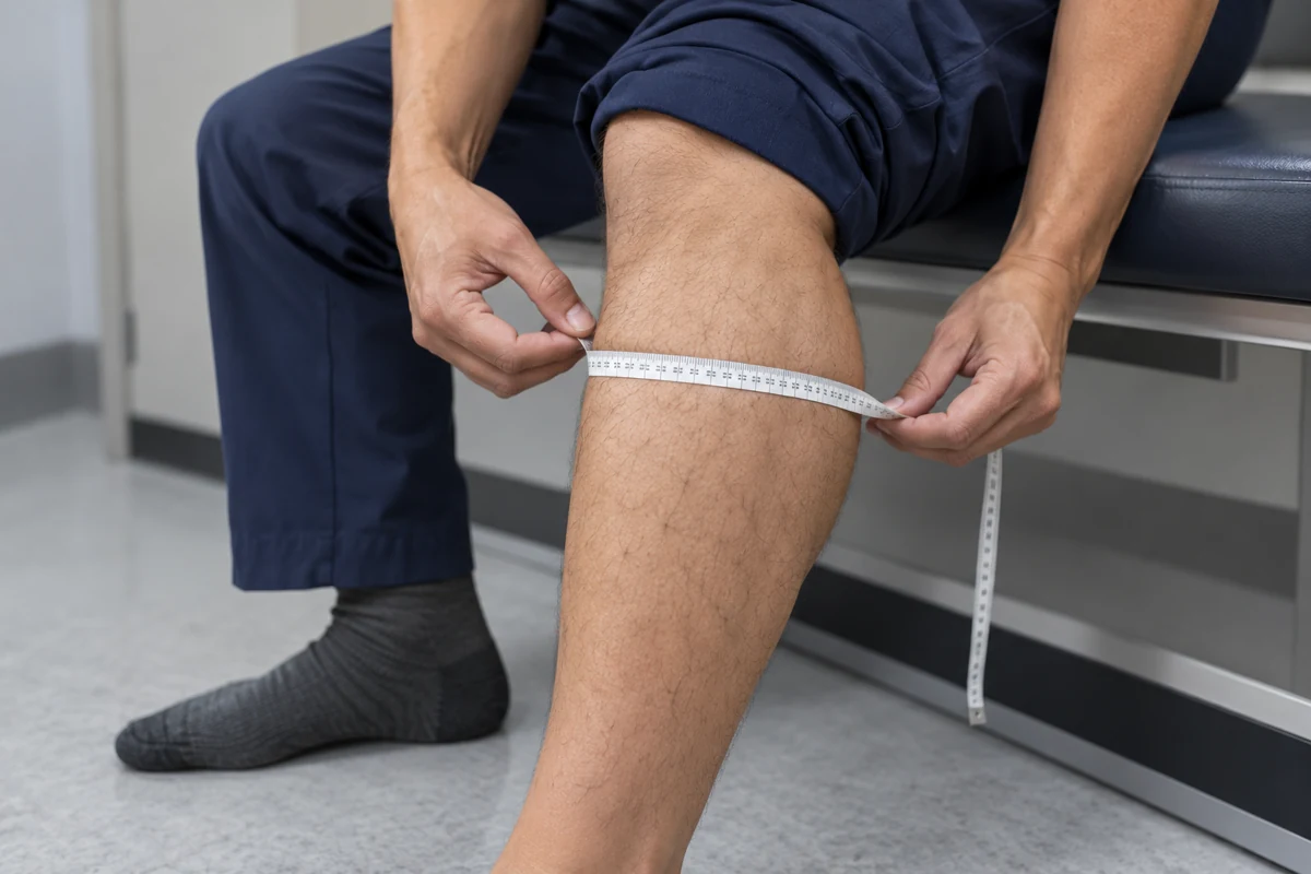 Calf circumference being measured for scrub sock sizing