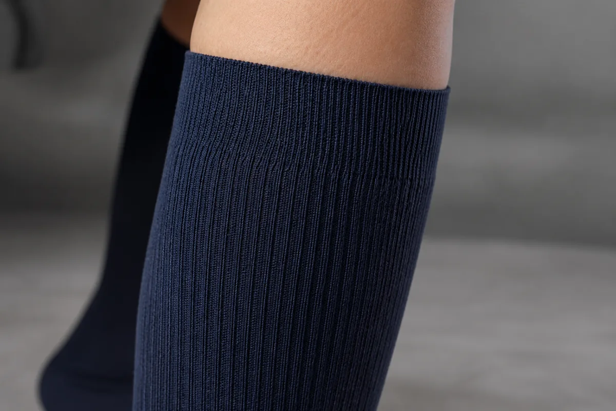 Deep ribbed cuff on a navy knee-high scrub sock