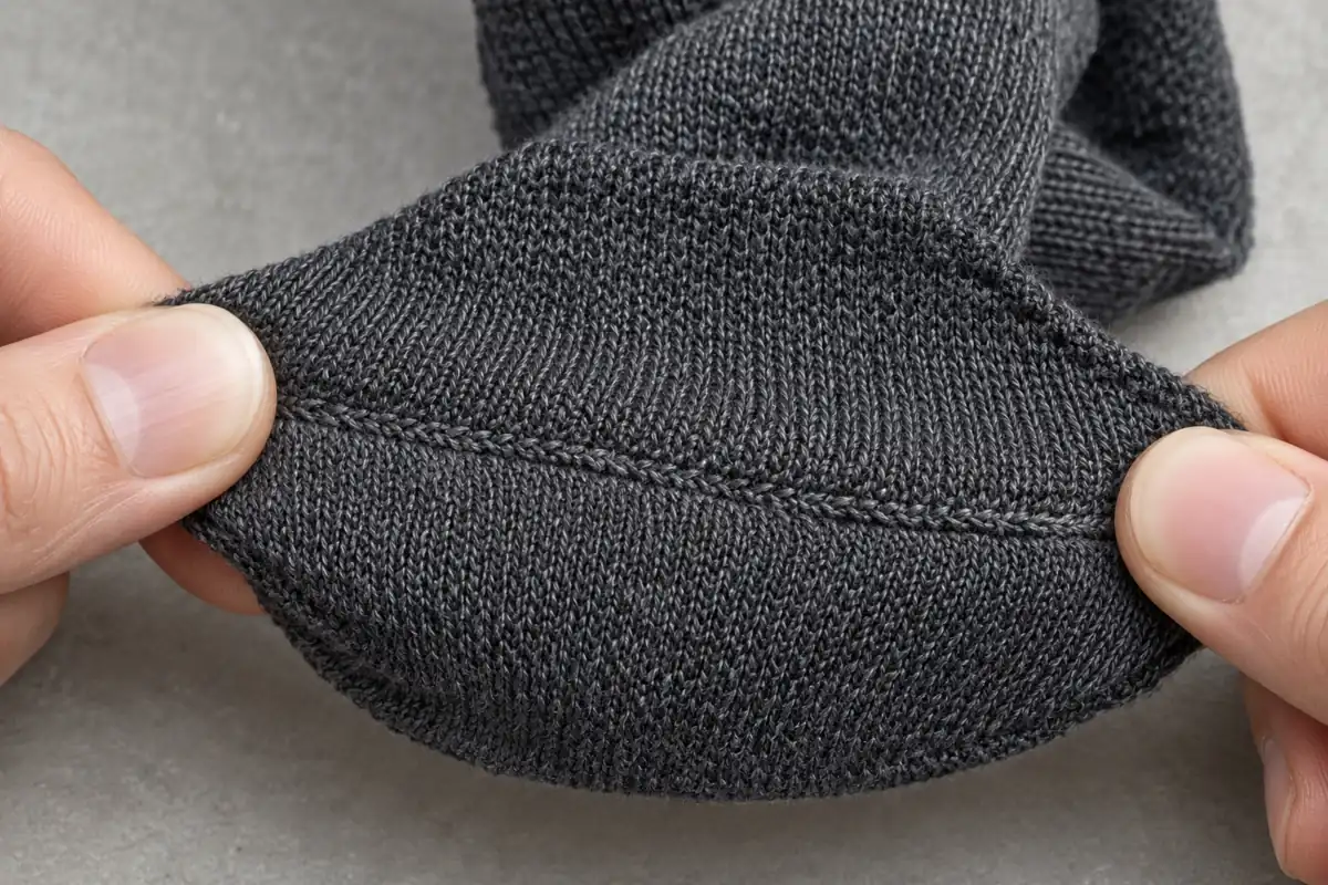 Close-up of a flat linked toe seam on a scrub sock