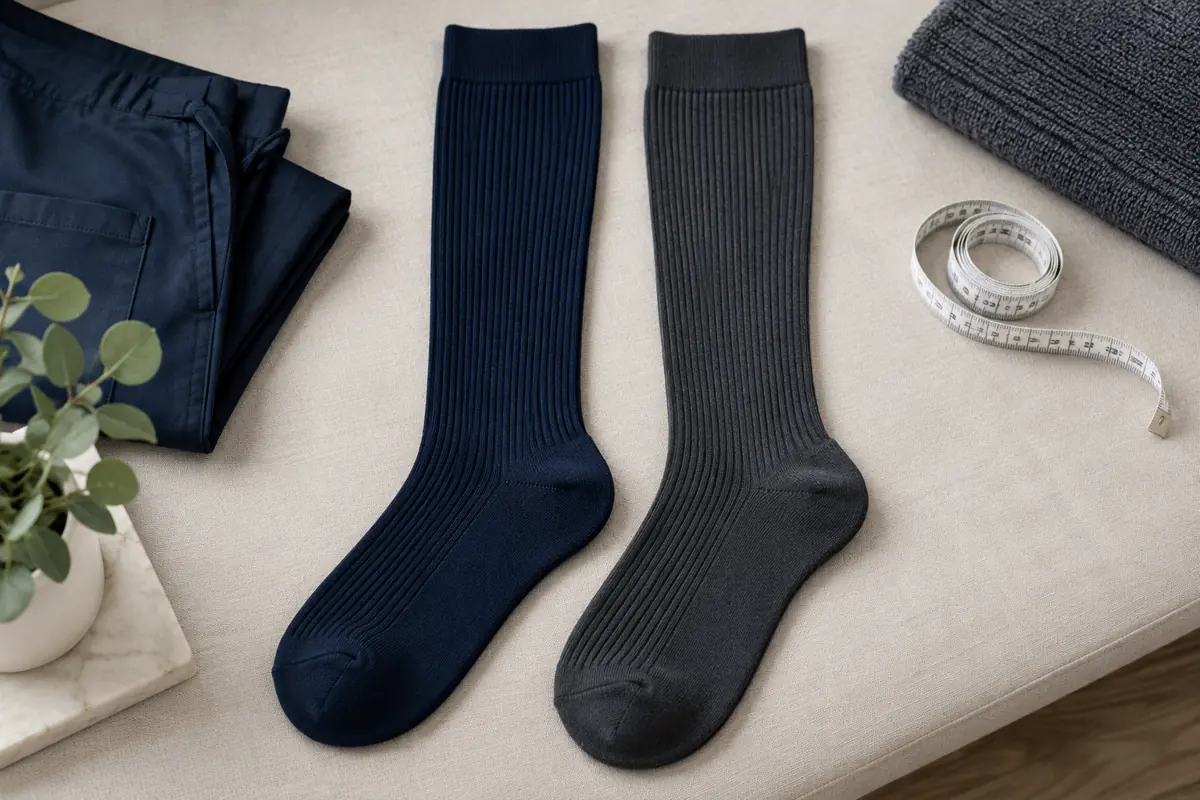 Navy and charcoal knee-high compression sock samples on a sampling table