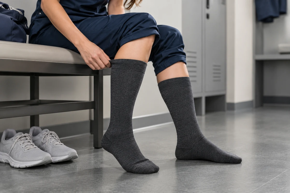 Woman wearing charcoal knee-high socks with navy medical scrubs