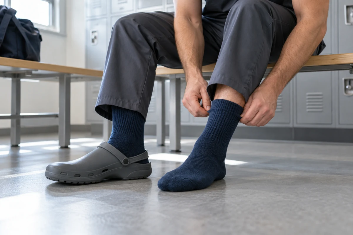 Man wearing navy crew socks with charcoal scrub trousers