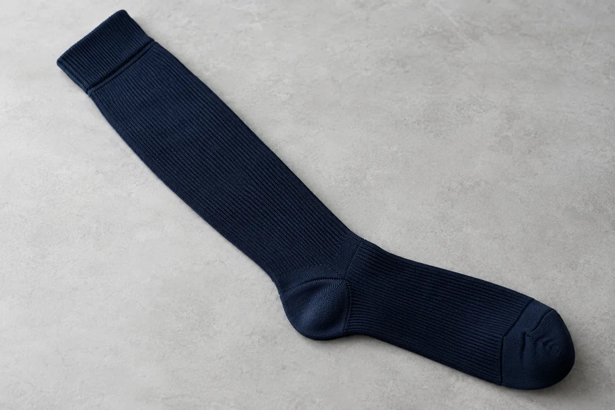Navy knee-high scrub sock with a deep cuff and shaped heel