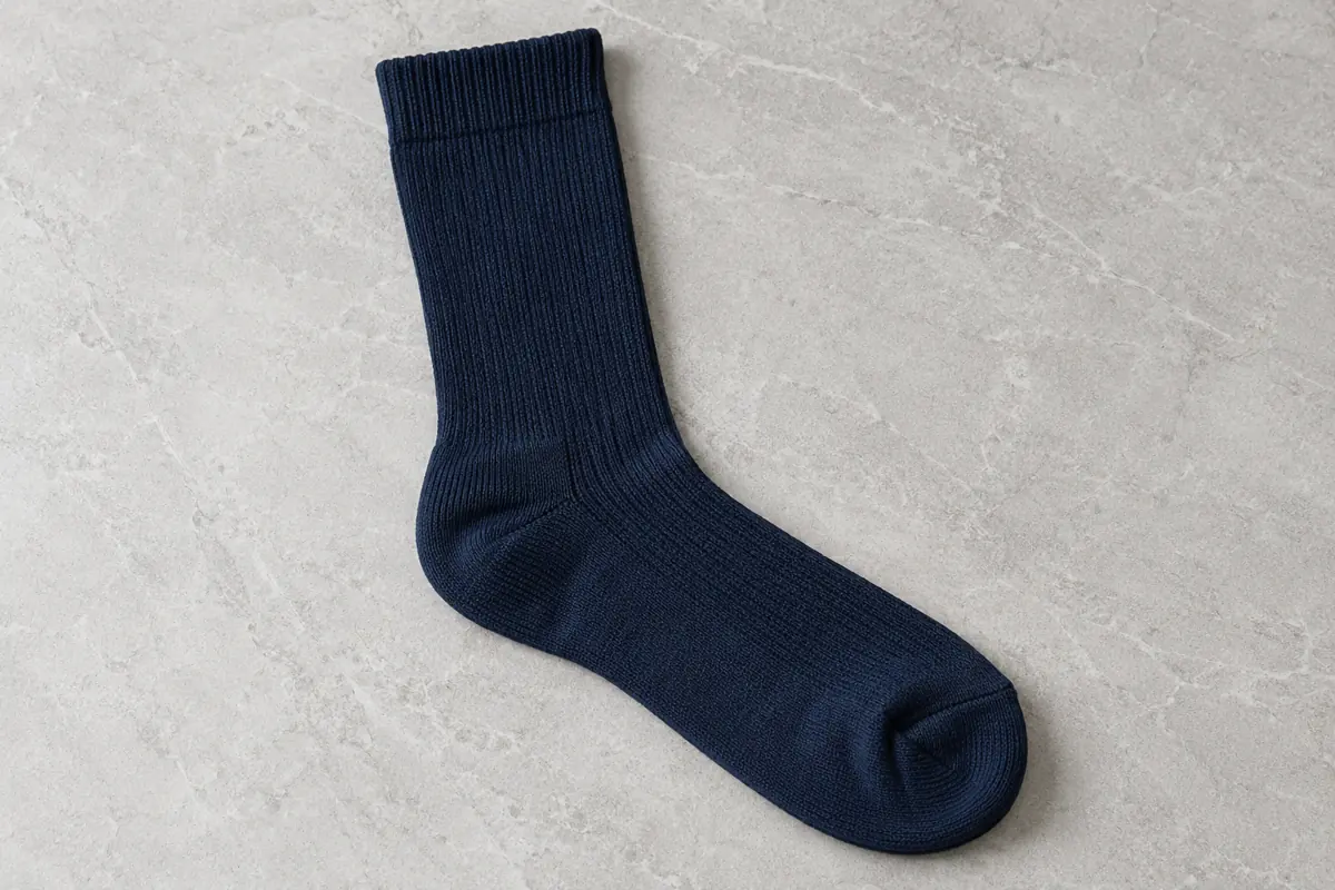 Navy crew-height scrub sock with ribbed cuff