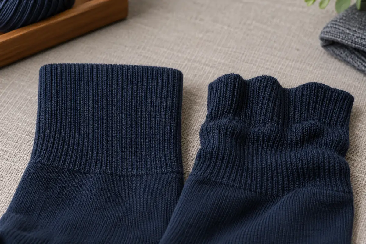 Illustrative comparison of a neat sock cuff and a relaxed cuff