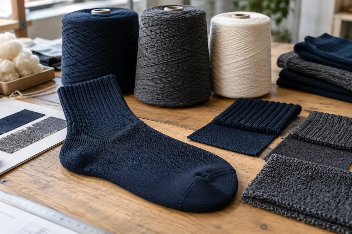 Yarn cones and smooth, ribbed and terry sock knit samples
