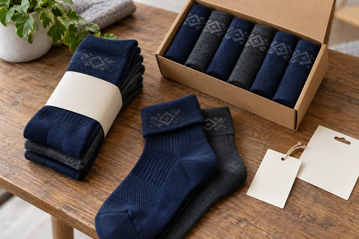 Scrub sock multipack samples with blank sleeves, hangtags and retail packaging