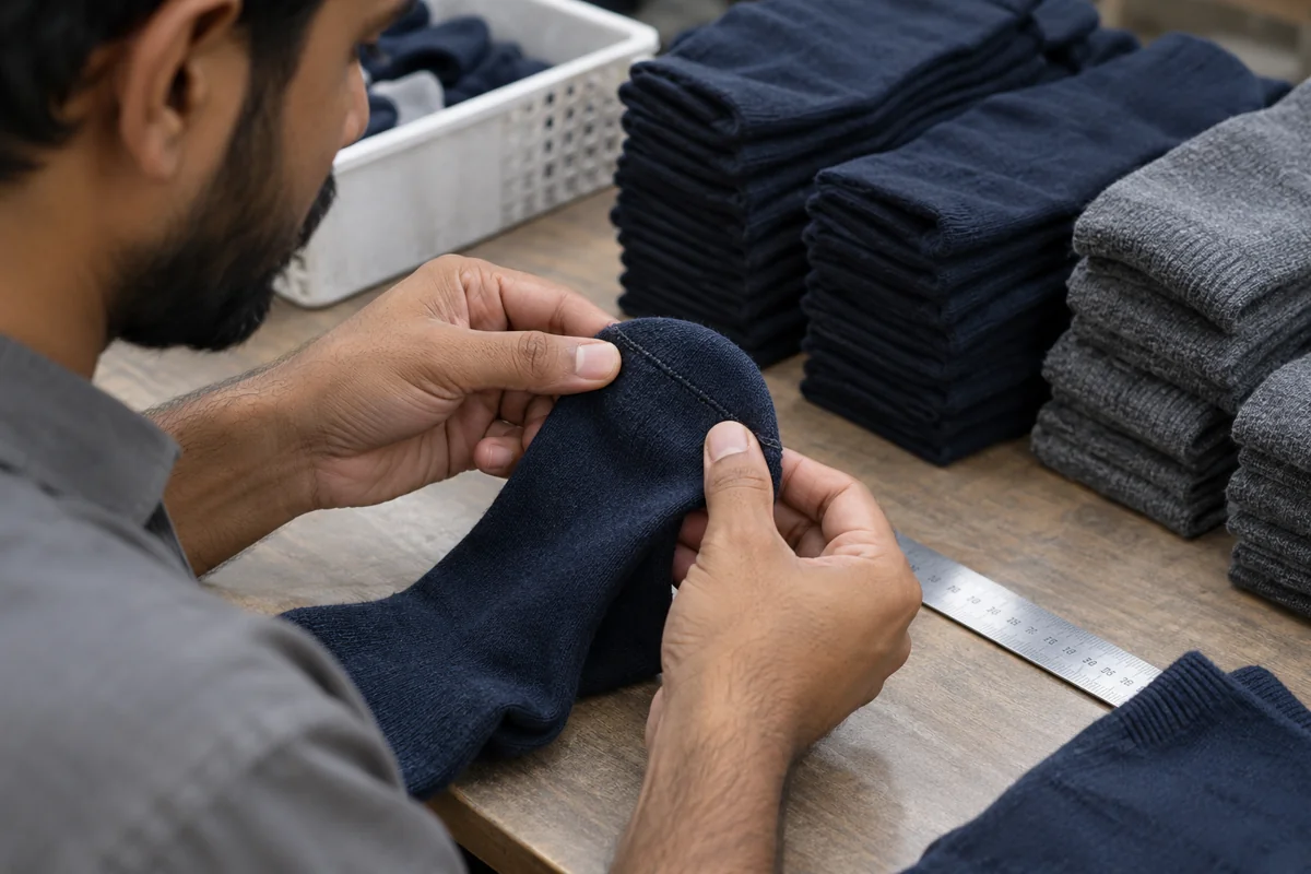 Textile quality inspector checking a navy scrub sock toe seam