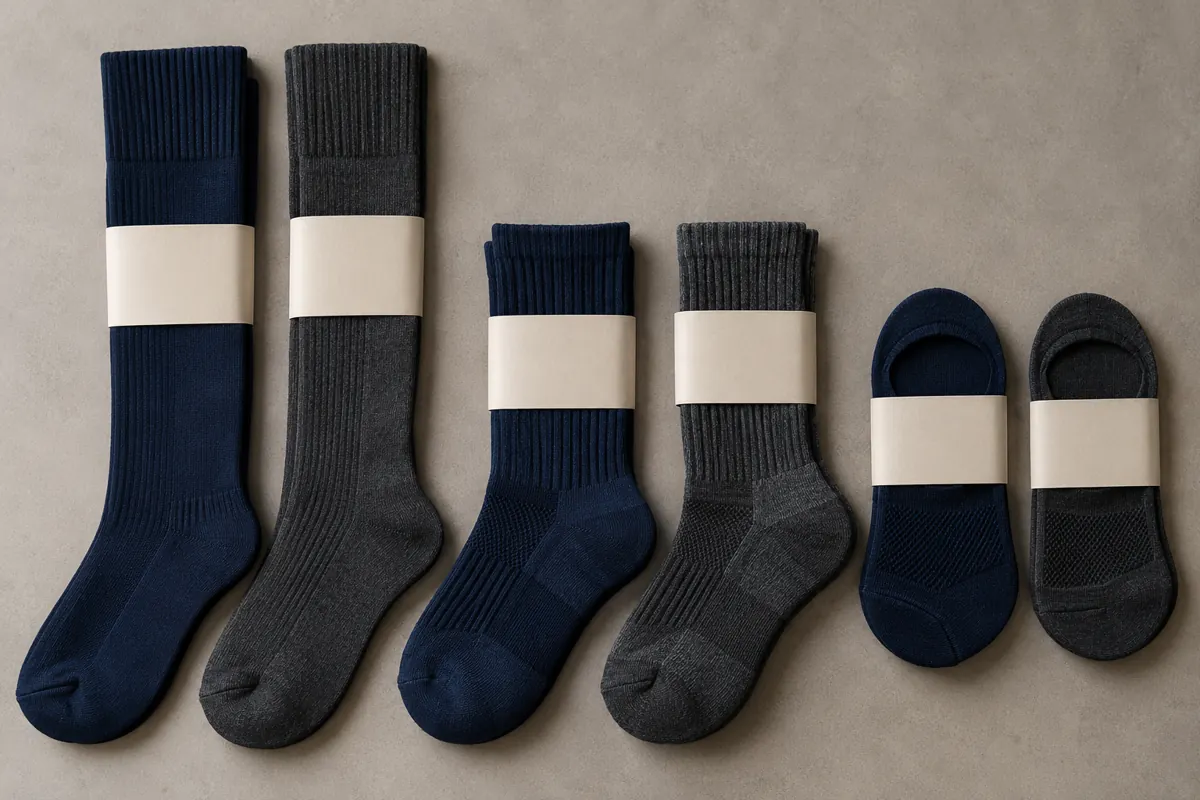 Knee-high, crew and no-show scrub sock samples with neutral multipack sleeves