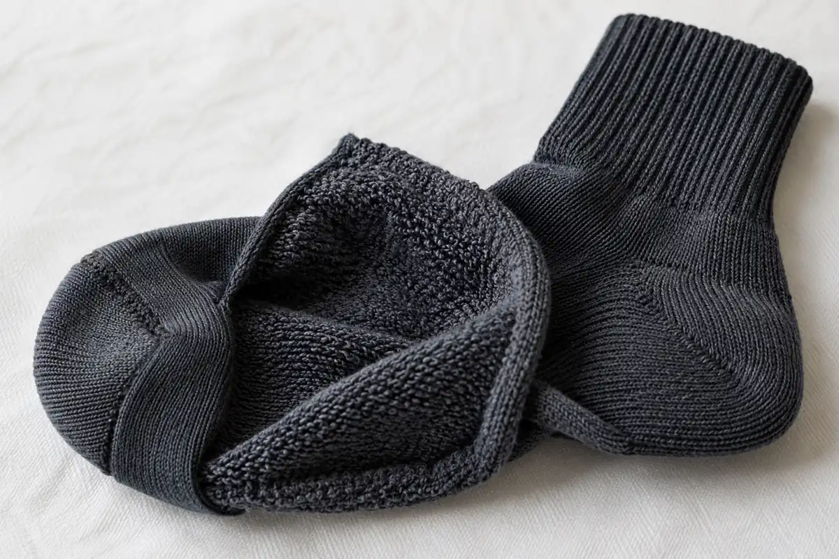 Sock sample showing toe closure, terry sole and ribbed cuff