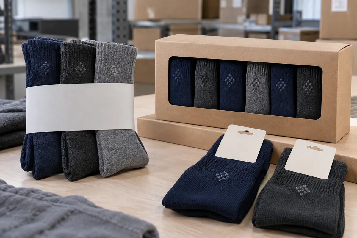 Three-pair and six-pair scrub sock packaging samples with header cards and hangtags