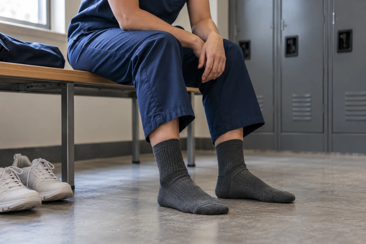 Healthcare professional resting after a shift with shoes removed