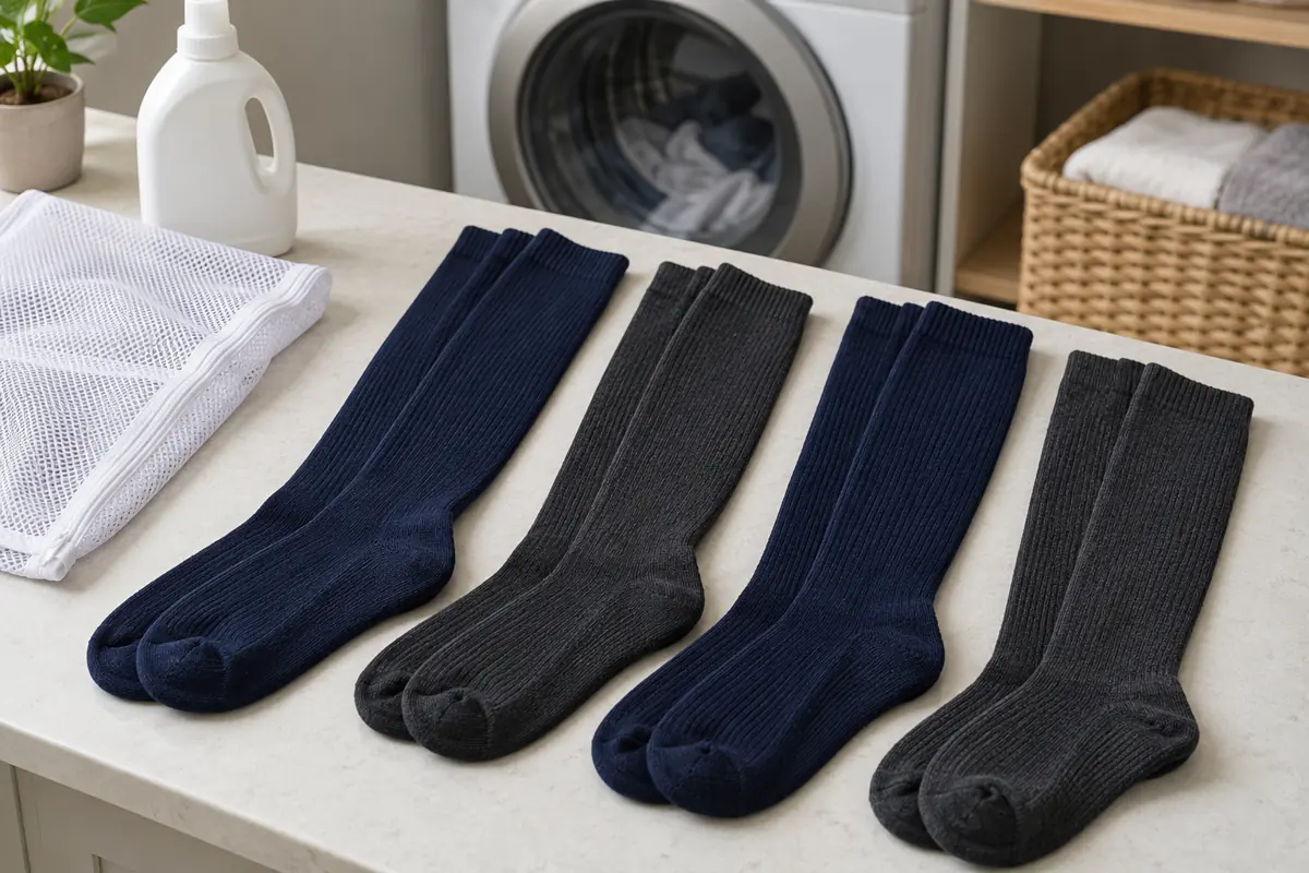 Four compression socks arranged beside a mesh laundry bag