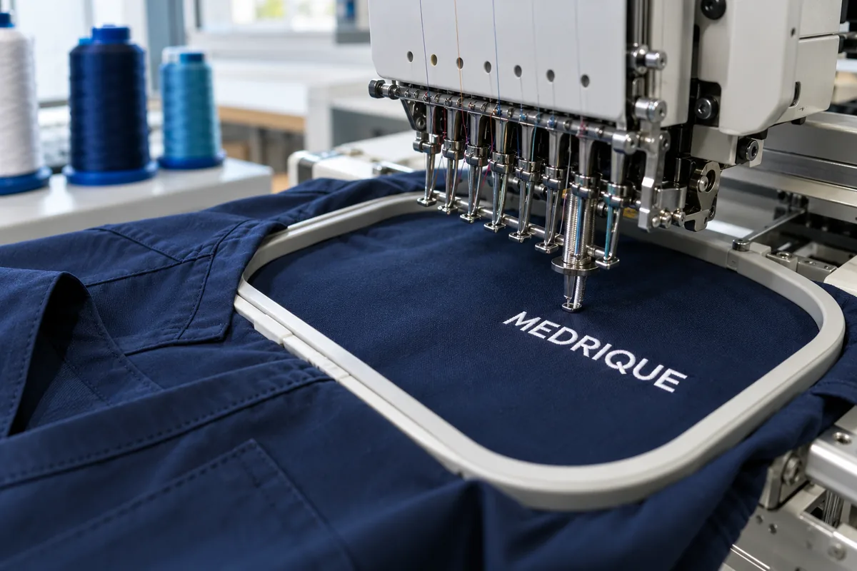White Medrique logo being embroidered onto a navy scrub top