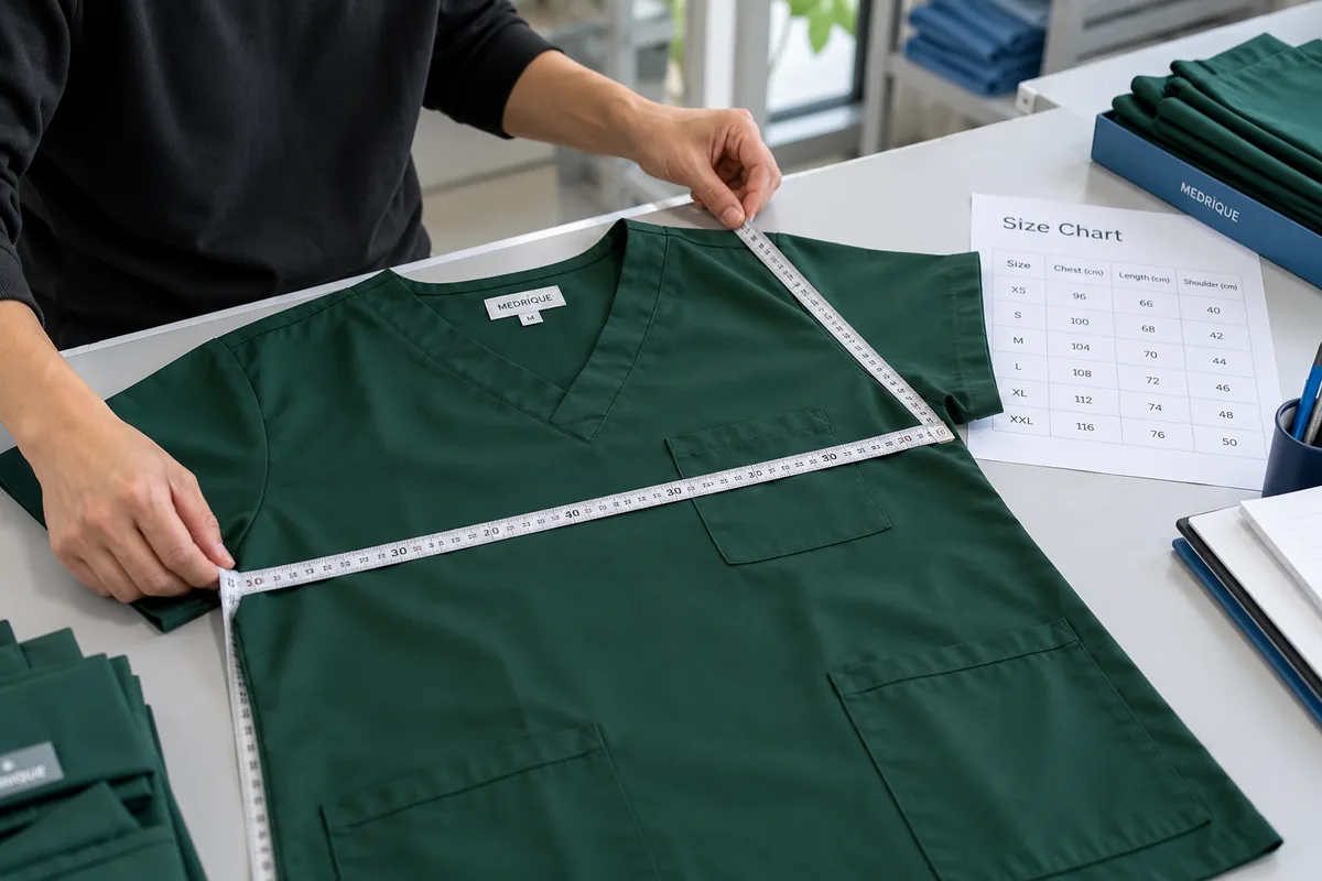 Checking the measurements of a hunter green Medrique scrub top