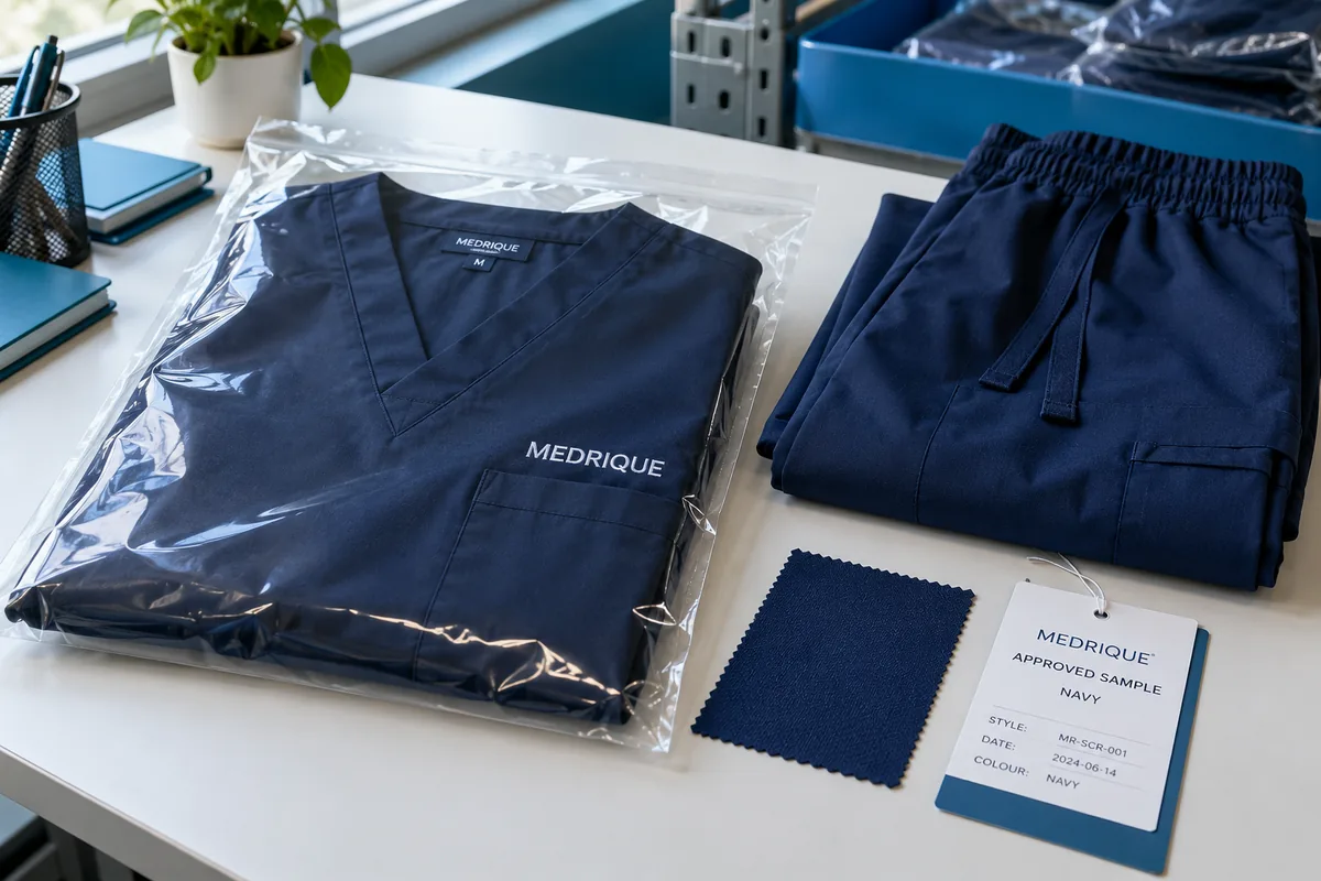 Sealed navy Medrique scrub sample with matching fabric swatch