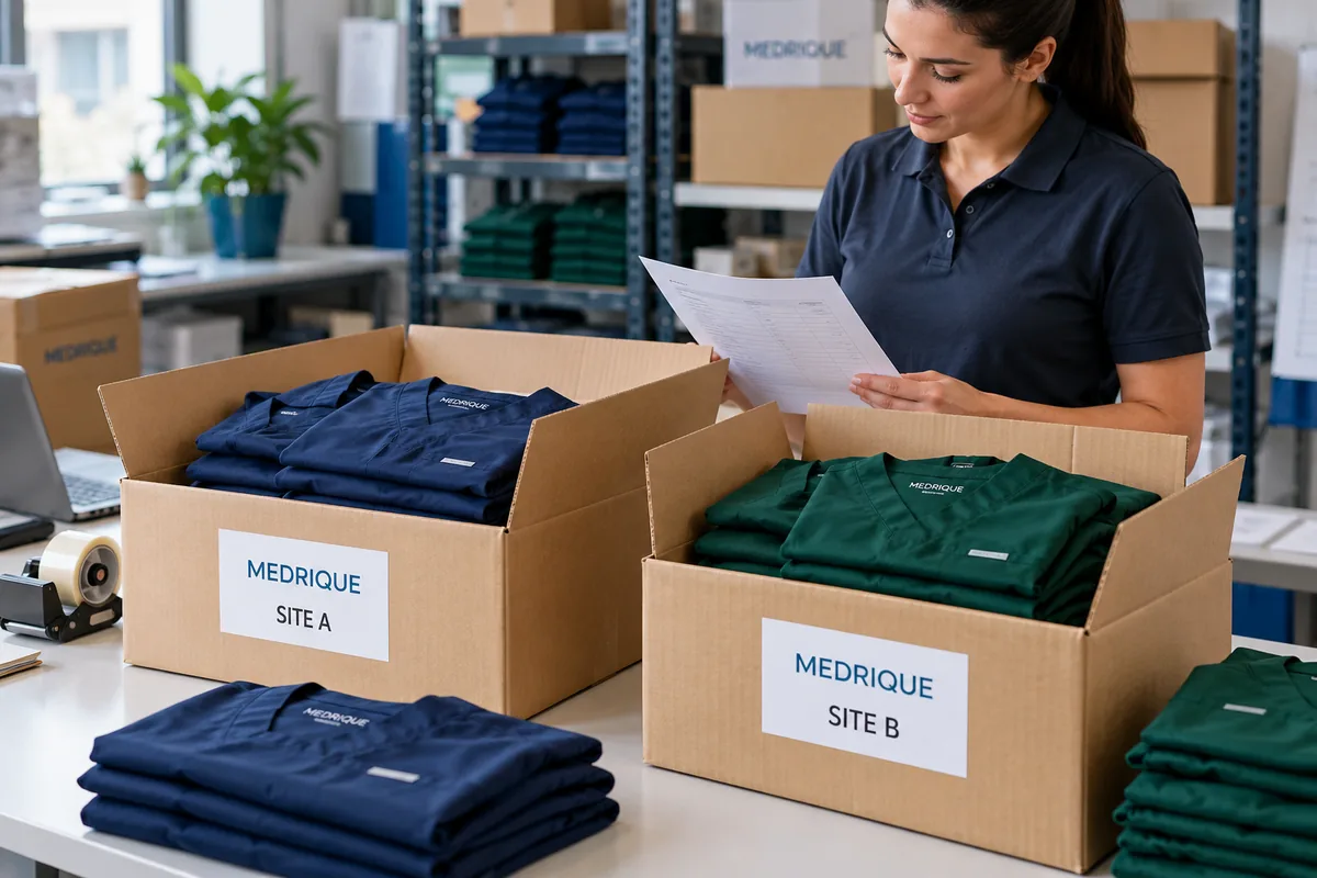 Navy and hunter green Medrique scrubs packed in site-labelled cartons
